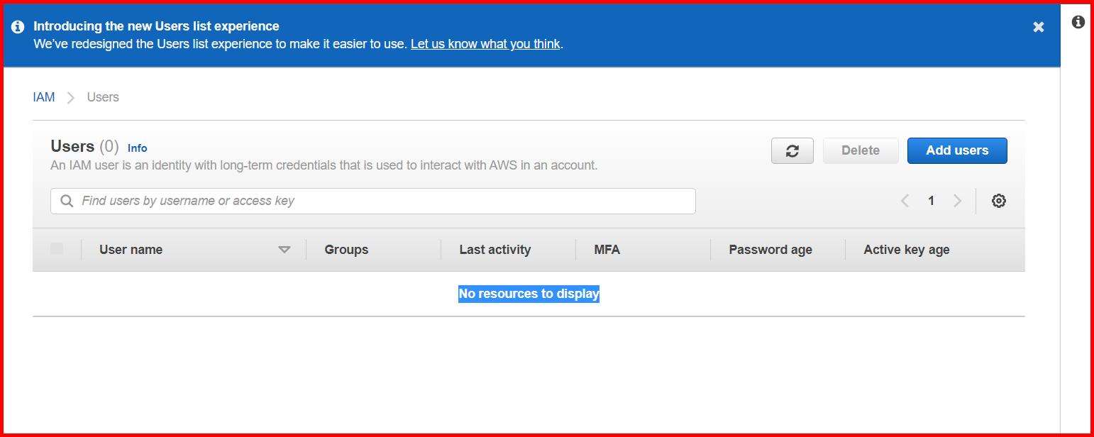 Picture showing the users screen in aws console